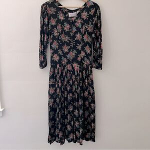 Pier 1 Vintage Dress Drop Waist Button Front Pockets Black Floral Size XS